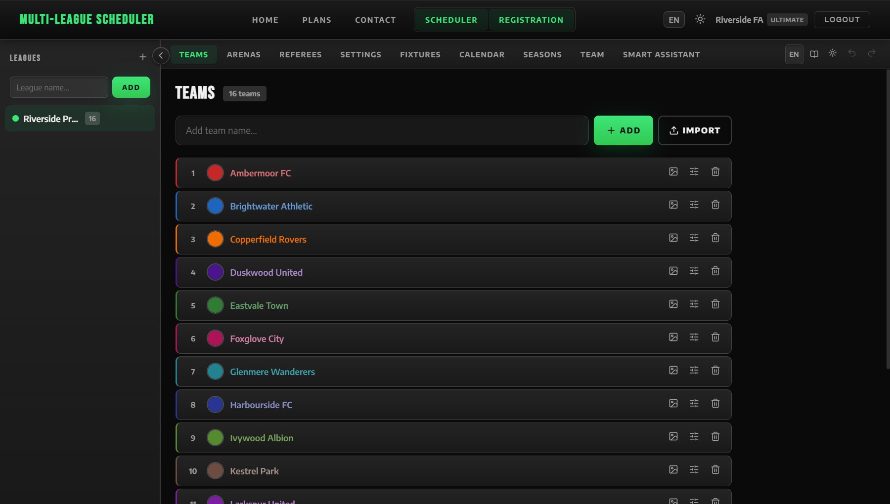 Adding a league from the sidebar. The number next to a league is how many teams it has.