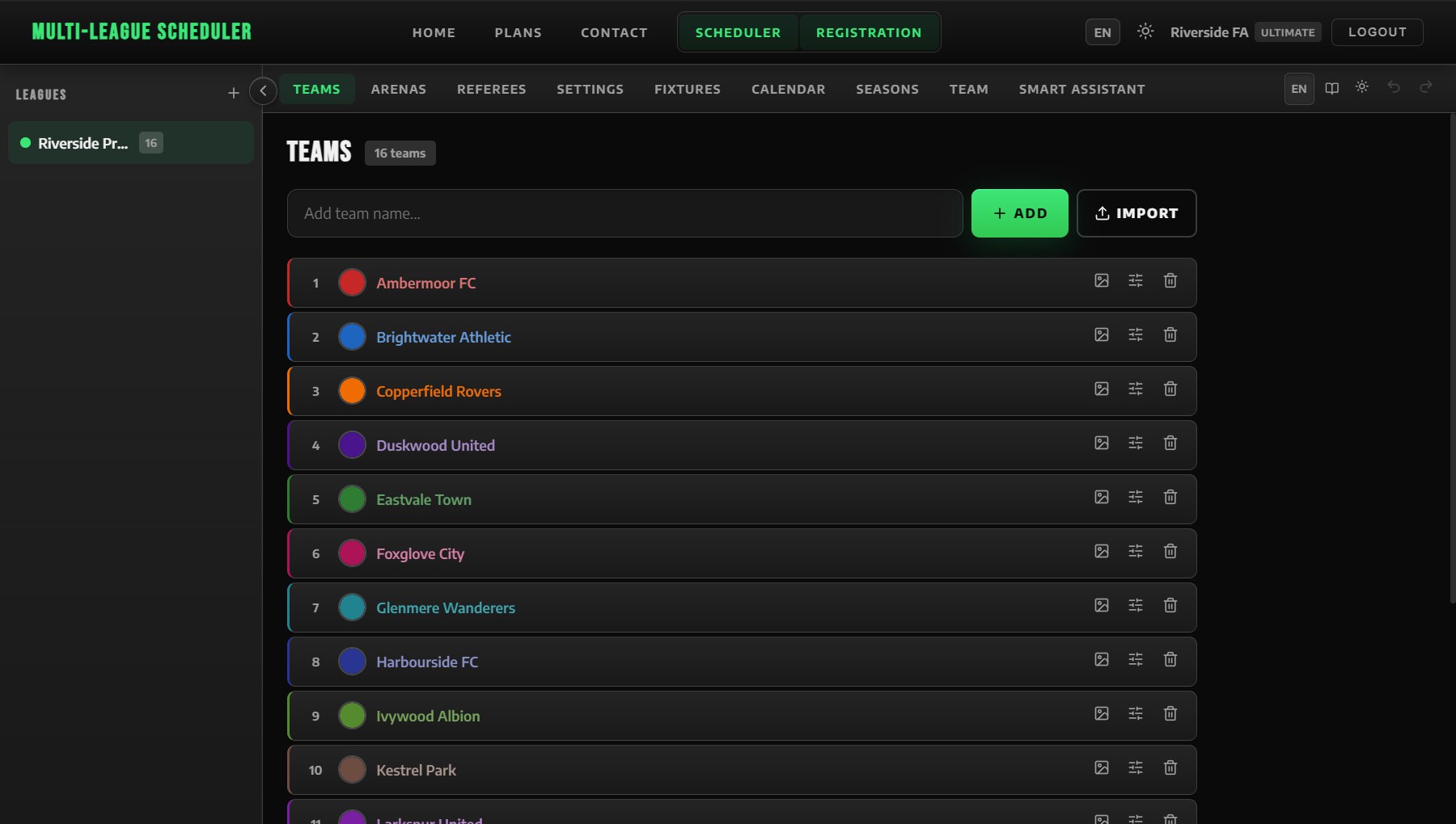 Teams with their colours. The icons on the right set a logo, preferences, or delete the team.