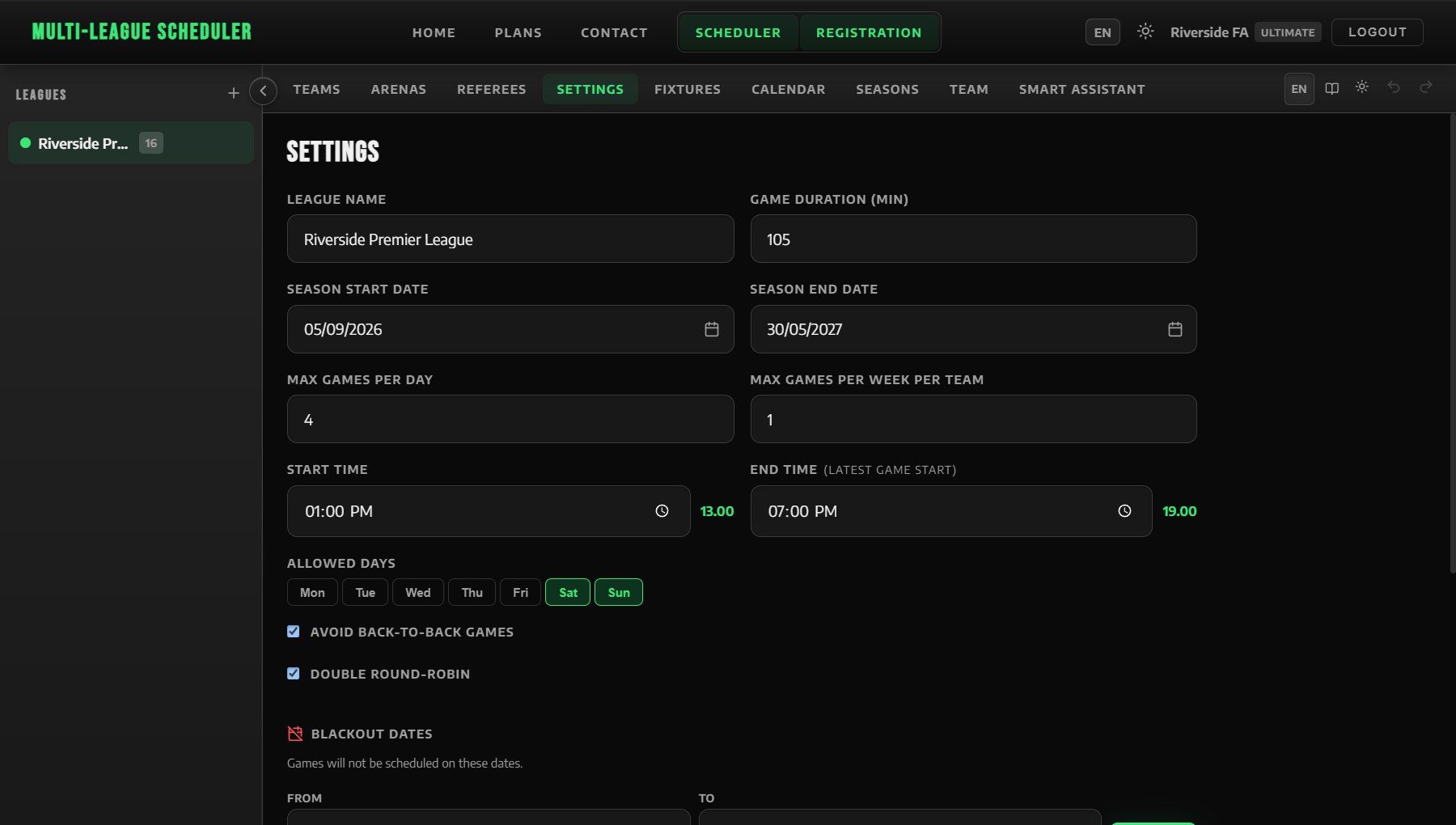 League settings: season dates, game length, start and end time, allowed days and blackout dates.