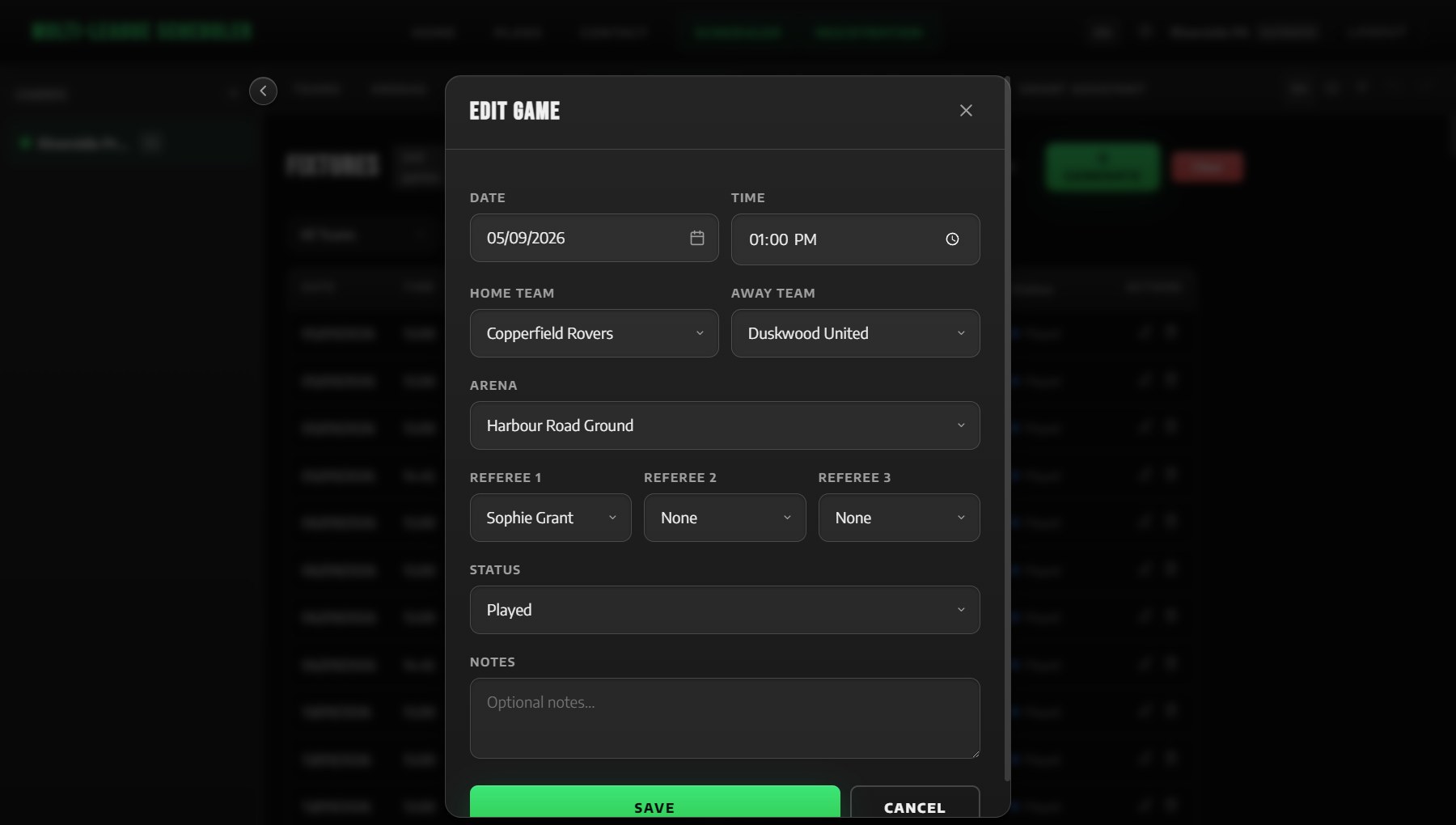 Editing a game: date, time, teams, arena, up to three referees, status and notes.