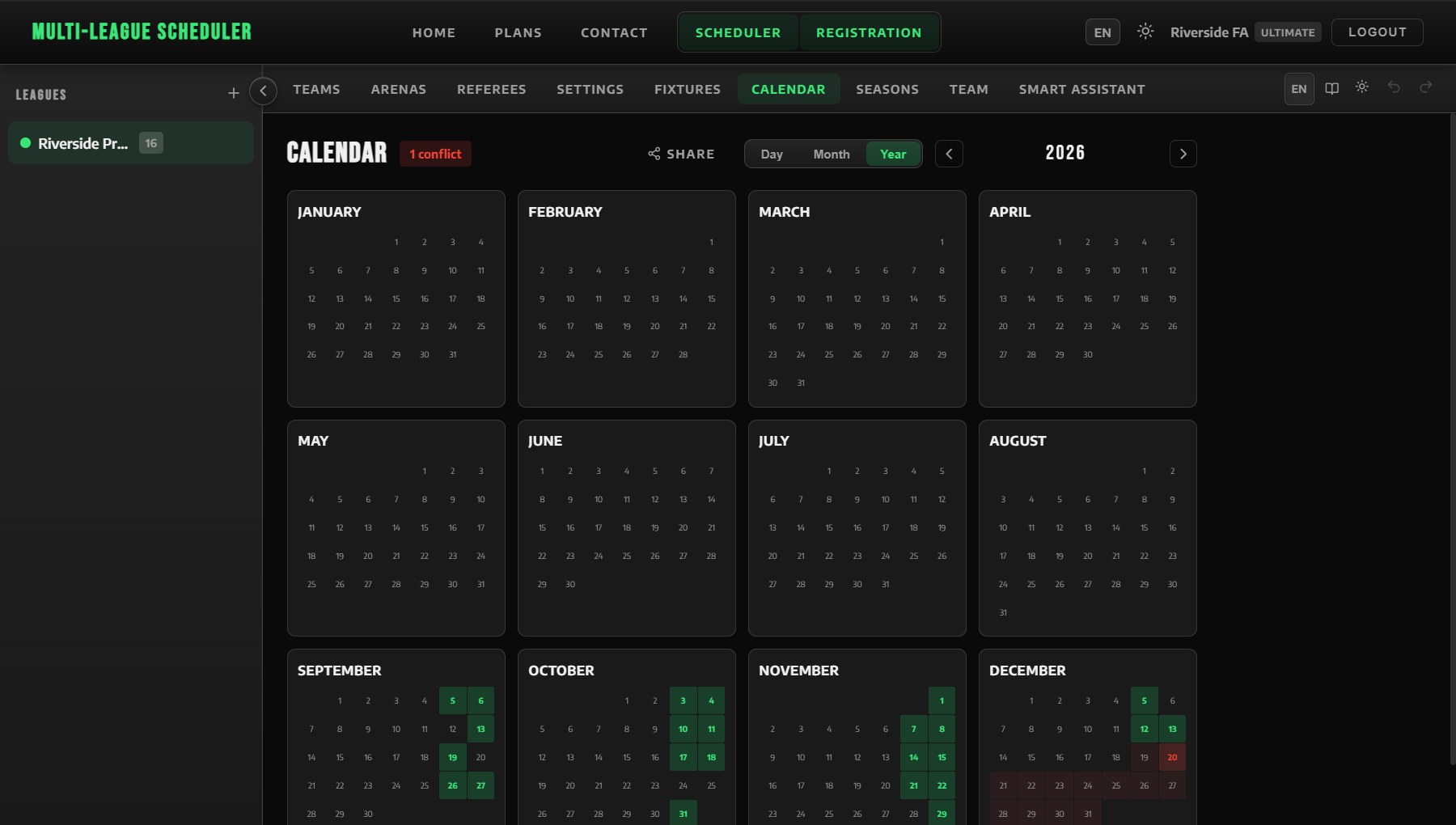 Year view: match days are highlighted, blackout dates show in red.