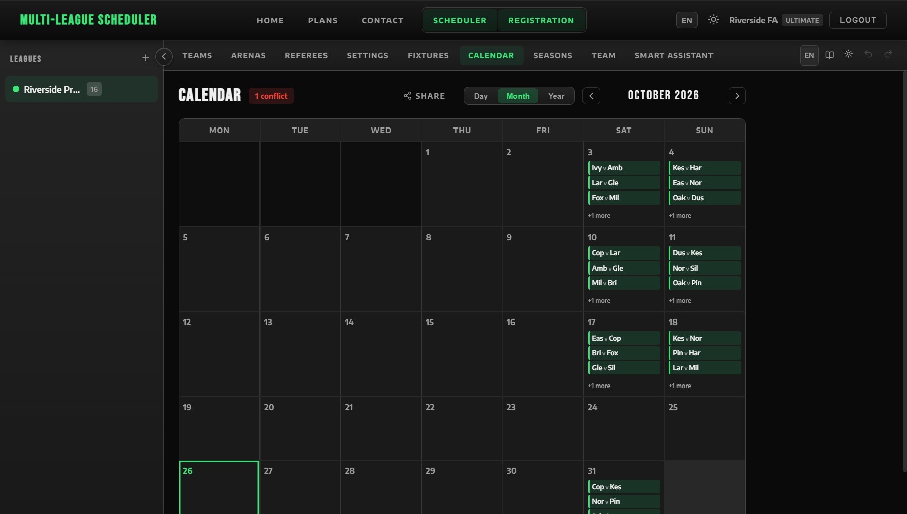 Month view: each game in its team colour; red underline marks a day with a conflict.