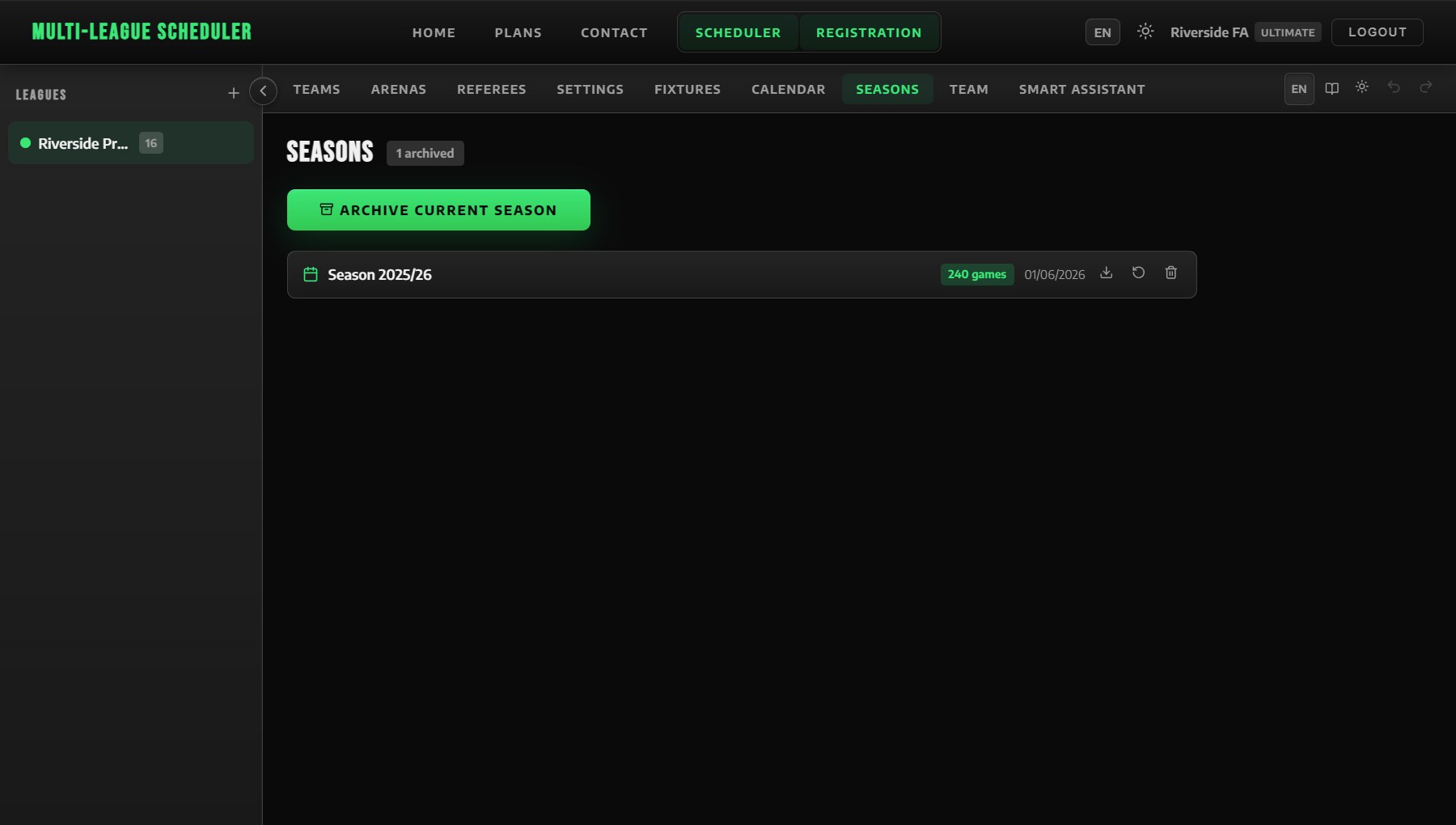 An archived season, ready to download, restore or delete.