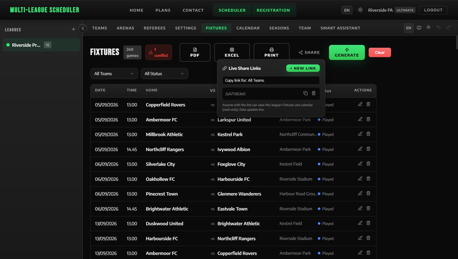 Creating a live share link. Anyone with it sees the fixtures and calendar, read-only.