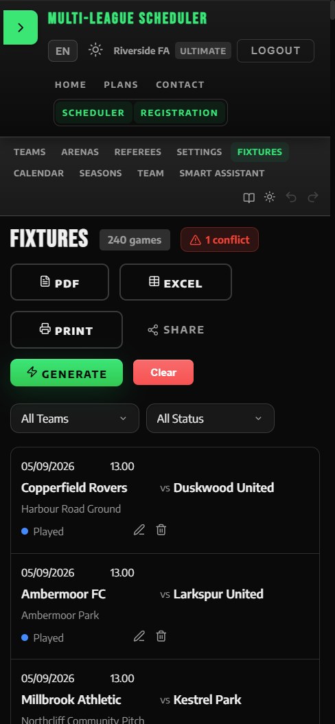 The Fixtures tab on a phone: each game is a card with its date, time, teams, ground and status.